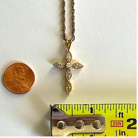 Crystal Cross Pendant on Gold Overlay 925 Sterling Silver Necklace - Picture 5 of 7